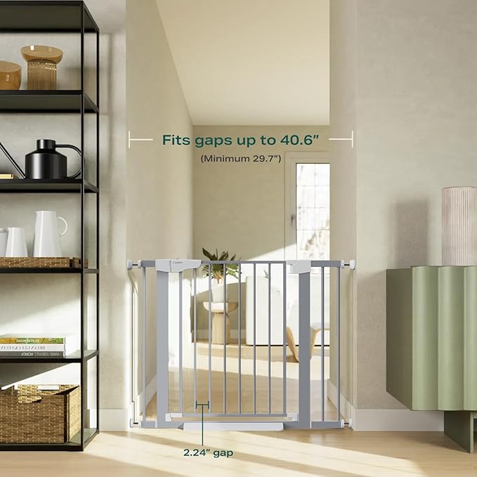 Cumbor 29.7"-40.6" Baby Gate for Stairs, Mom's Choice Awards Winner-Dog Gates for Doorways, Pressure Mounted Auto-Close Pet Gates for Dogs Indoor, Safety Child Gate with Easy Walk Thru Door, Gray