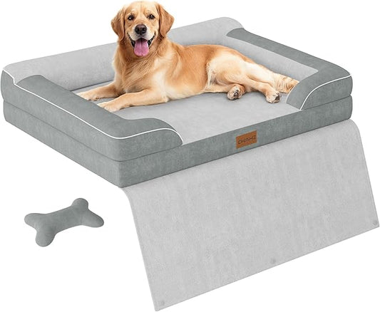 Extra Large Dog Bed, Orthopedic Pet Bed with Cooling Gel Memory Foam, Waterproof XL Dog Bed with Removable Washable Cover, 42" Pet Sofa Couch Dutch Velvet with Blanket Bone Toy, Light Gray