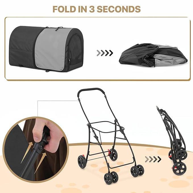 MoNiBloom Double Dog Stroller with Detachable Carrier Bags Large 4 Wheels Foldable Jogger for Small and Medium Dog Cats, Black/Gray