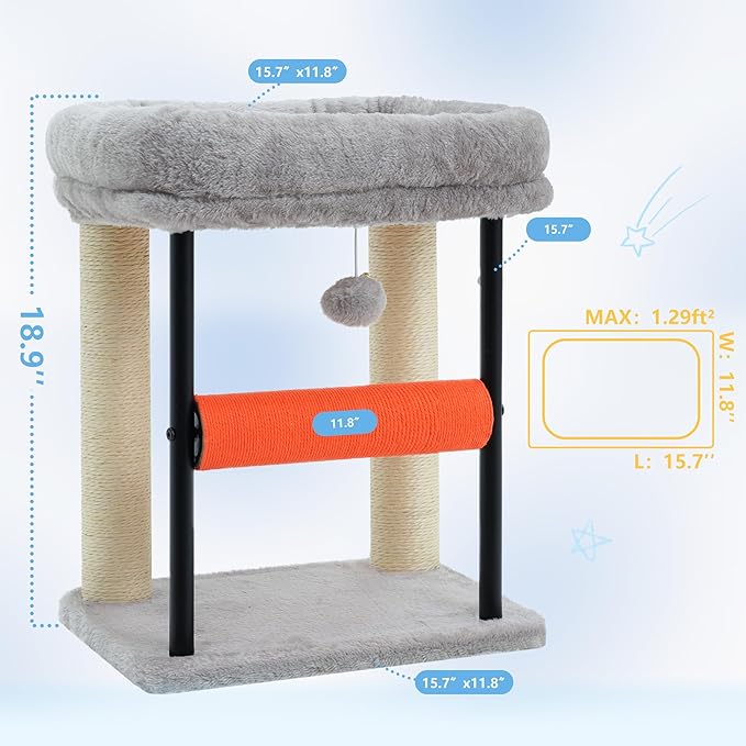 Hey-brother Cat Tree, Cat Scratching Posts with Bed, Sturdy Tower with Fully Sisal-Wrapped Columns and Plush Toy Ball for Indoor Kittens, 18.9 inches, Light Gray MPJ010SW
