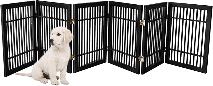 Pet Dog Gate Strong and Durable Freestanding Folding Acacia Hardwood Portable Wooden Fence Indoors or Outdoors by Urnporium (Black Pet Gate, 6 Panel 24" Tall)
