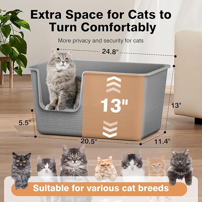 Cat Litter Box with High Sided,24.8" Lx11.4 Wx13.0 H,Extra Large Cat Litter Box for Big Cats,XL Jumbo Kitty Litter Box for Indoor Cats,Tool-Free Assembly (Grey)
