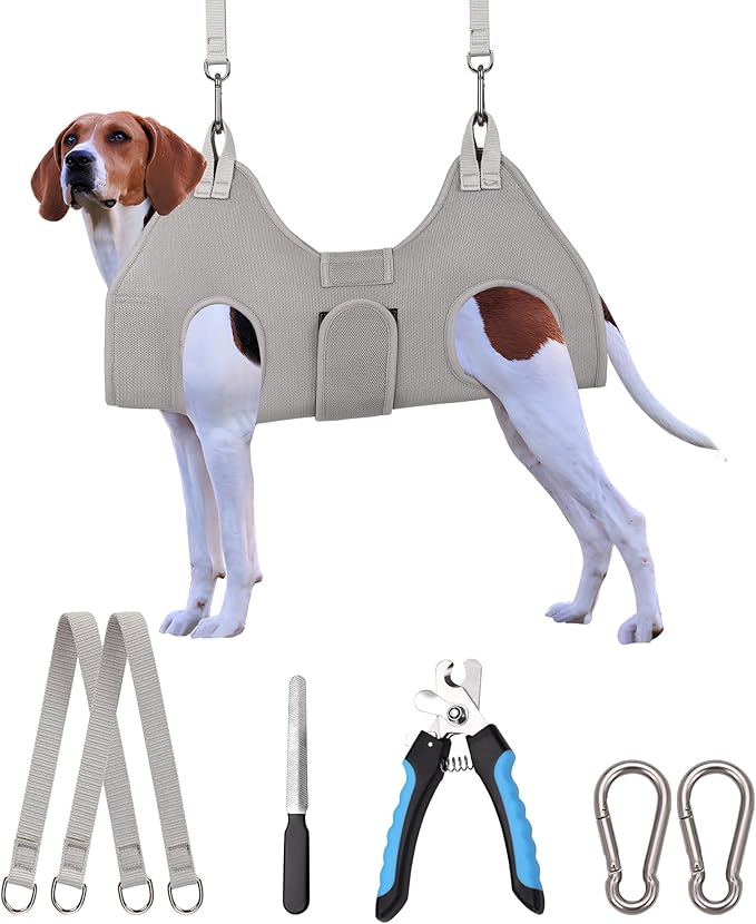 Dog Grooming Hammock Harness, M-Large Dog Hammock for Nail Trim, Gray Dog Restraint for Nail Clipping,Dog Grooming Sling Thick Neck Support