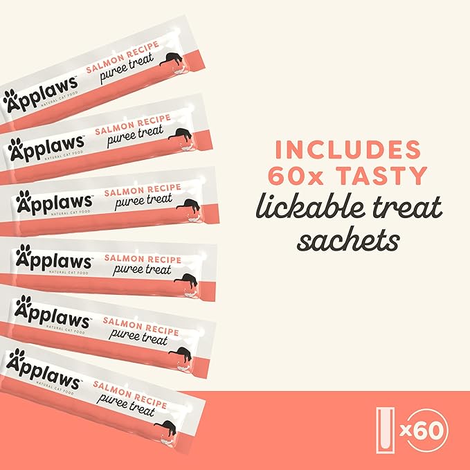 Applaws Lickable Cat Treats, Natural Grain-Free Purée, Made with Limited and Natural Ingredients, No Artificial Additives, Salmon Squeeze Up Cat Treats (60 x 0.5 oz Sachets)
