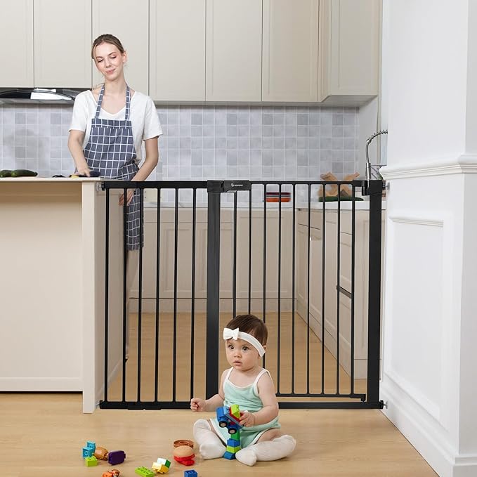 COMOMY 36" Extra Tall Baby Gate for Stairs and Doorways - Fits 29.5" to 48.8" Wide Openings, Auto Close Extra Wide Dog Gate for House, Pressure Mounted Easy Walk Through Pet With Door, Black