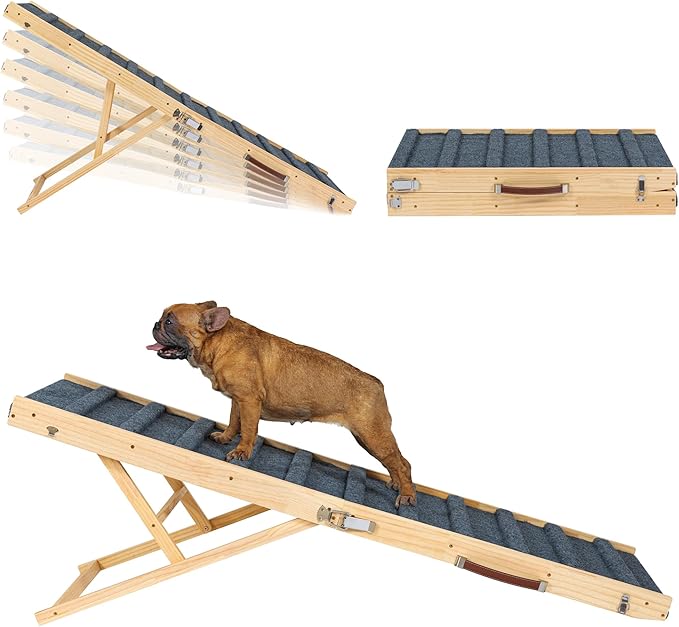 Clikuutory 2025 Upgraded Dog Ramp for Couch, 59" Foldable Small Dog Ramp for Bed, 5 Adjustable Height from 15" to 32", Portable Stable Pet Steps with Anti-Slip Carpet for Low Bed Couch Stairs, Wood