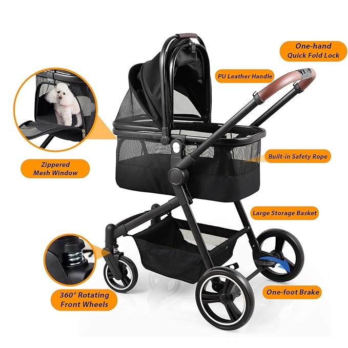 Foldable Dog Stroller, 3 in 1 Pet Stroller for Small Medium Dog Cat up to 50lbs, Detachble Portable Pet Bag, Storage Basket and One-Button Folding Frame