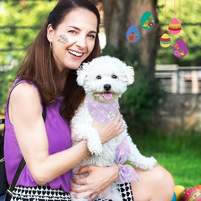 E-Clover Easter Dog Bandana & Matching Scrunchie-Bunny Dog Bandanas Pet Scarf Bib for Samll Dogs Puppy Girl Boy Owner Gift Purple