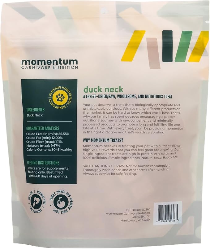 Momentum Carnivore Nutrition Freeze-Dried Duck Neck Dog Treats – Single-Ingredient, Dog & Cat Treats – High-Protein, Grain-Free– 3 oz Bag