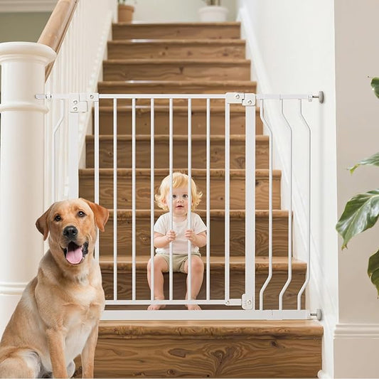 Baby Gate for Stairs, Baby Safety Essentials, Auto Close Gate for Doorways, Easy Install Pressure Mounted Dog Gate Indoor, Pet Gates for Dogs, White