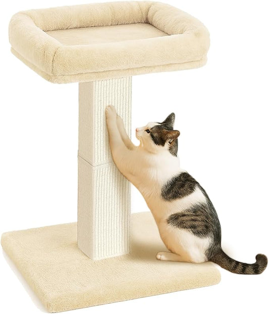 AGYM Cat Scratching Post, 32”Cat Scratcher with Large Plush Perch, Sisal & Carpet Scratching Post, Vertical Posts with Elevated Bed for Indoor Cats, Removable& Washable Cover, Beige