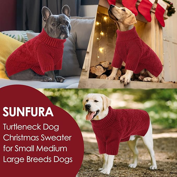 SUNFURA Small Dog Sweater, Turtleneck Dog Sweater for Cold Weather, Puppy Knitwear Pullover for Christmas Thanksgiving, Pet Winter Knitted Sweatshirt for Pug Dachshund, Red S
