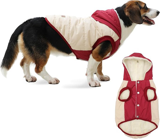 Fleece Lining Extra Warm Dog Hoodie in Winter for Large Dogs Jacket Pet Coats with Hooded,Beige and Red XXL