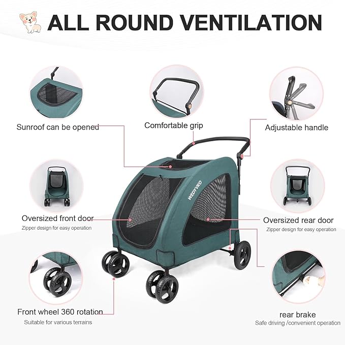 Dog Stroller with 4 Wheels, Folding Cat Strolling for 2 Small/Medium/Large Dogs & Cats to 120 lbs, All-Terrain Breathable Mesh Lightweight Travel Carrier for Jogger Outdoor Use (Dark Green)