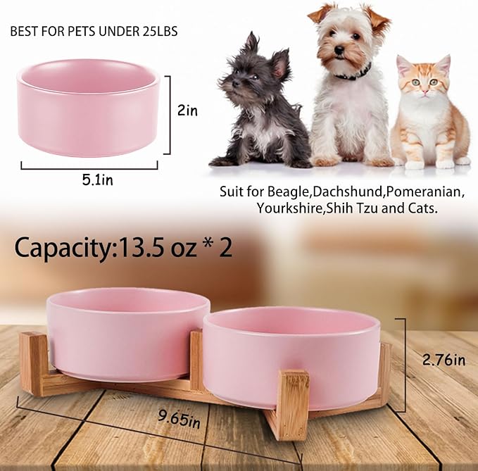 Petygooing Ceramic Cat Dog Bowl Set with Stand,Pink Pet Food and Water Dish,Small Dog Bowls Anti Slip Set of 2 Cat Bowls Pet Food Dishes Pet Bowl Small Size Pet (13.5OZ/5.1 in)