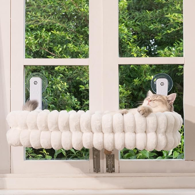 CHEERPALS Cat Window Perch for Indoor Cats Hammock for Window with Reversible Cushion, Foldable Cat Window Bed for Large Cats and Kittens(White,Large)