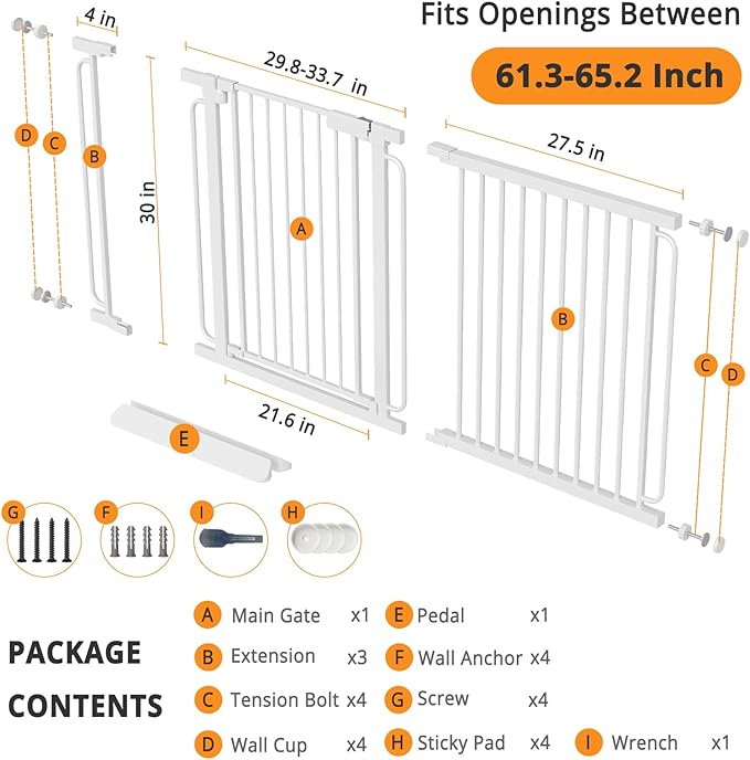 Extra Wide Baby Gate with Door 61.3-65.2 Inch Pressure Mounted, Auto Close Child Baby Gates for Doorways No Drill, Walk Through Dog Gate Indoor for The House, White