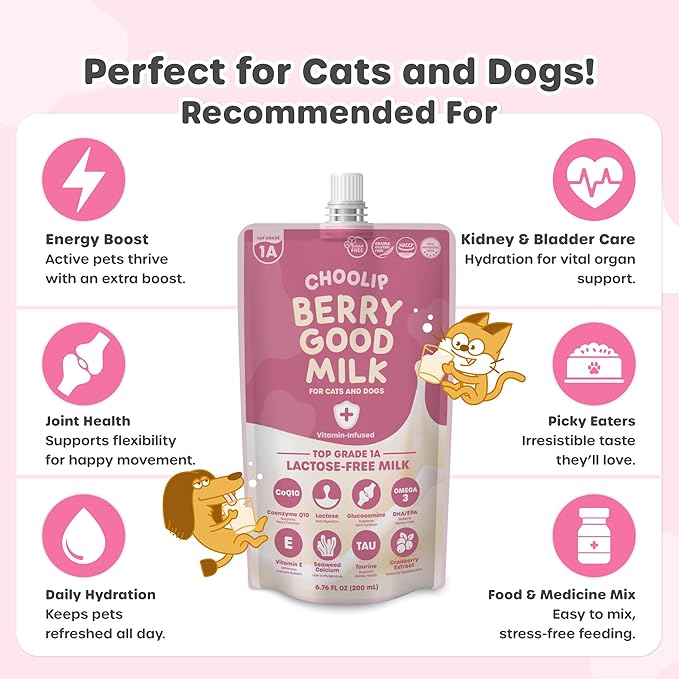 Choolip Berry Good Milk – Lactose-Free, Vitamin-Enriched Drink for Cats & Dogs | Supports Urinary Health, Digestion & Joints | Free from Grains, Gluten and Antibiotics