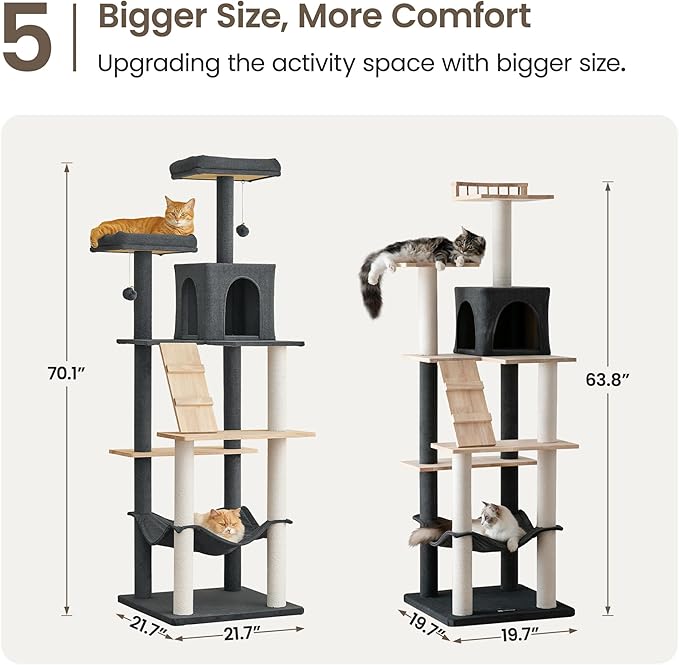 MWPO Large Modern Cat Tree, 70.1-Inch Wood Cat Tower for Indoor Cats, Multi-Level Tall Cat Condo with 2 Padded Perches, Hammock, Scratching Posts, Dangling Toys, Smoky Grey