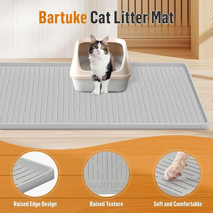 Silicone Cat Litter Mat, 24" x 24" Large Cat Litter Box Mat Litter Trapping Mat for Scatter Control, Waterproof, Soft on Kitty Paws, Clean Floor (Grey)
