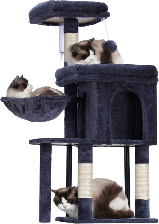 Hey-brother Cat Tree Tower, Scratching Posts with Cozy Condo, Padded Bed, Hammock, Plush Perch, Sisal Post and Ball for Indoor Kittens, 44.9 Inches, Smoky Gray MPJ009SG