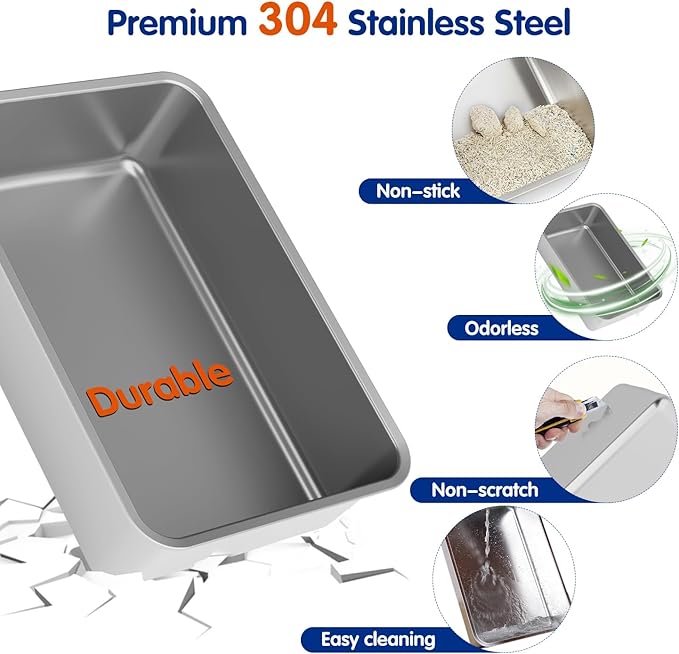 Front & Top Entry Stainless Steel Litter Box with Lid,Cat Litter Box Enclosure,Extra Large Enclosed,Non-Sticky Metal Pan,Anti-Leakage,Odor Control,Easy Clean,Covered for Indoor Cats,Includes Scoop Set