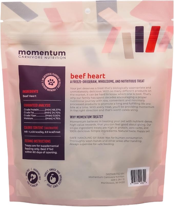 Momentum Carnivore Nutrition Freeze-Dried Beef Heart Dog Treats – Single-Ingredient, Dog & Cat Treats – High-Protein, Grain-Free– 3 oz Bag