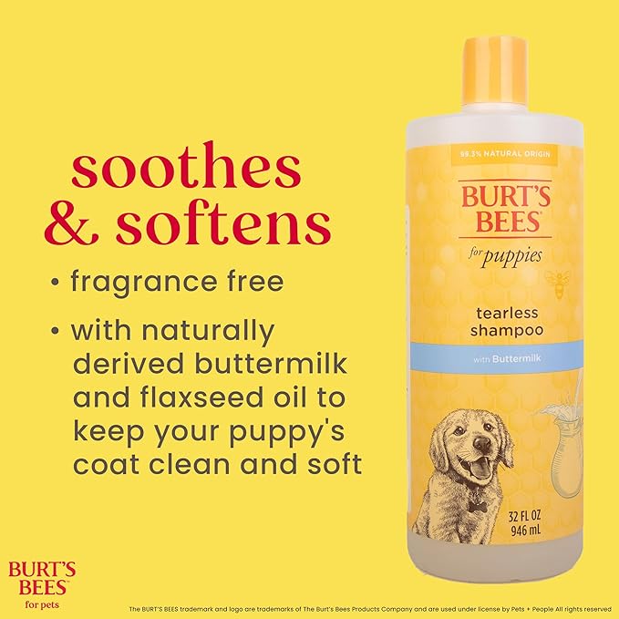 Burt's Bees for Pets Tearless Puppy Shampoo with Buttermilk, 95% Natural Origin Formulas, Shampoo for Puppies - Gentle Dog and Puppy Shampoo Tear Free, Best Puppy Shampoo Tearless, 32 oz