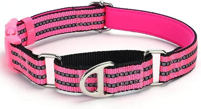 Martingale Collar for Dogs -Reflective Nylon Heavy Duty No Slip Choke Dog Collar with Padded Comfort Quick Release Buckle for Training, Walking & Overexcited Pulling Pink L
