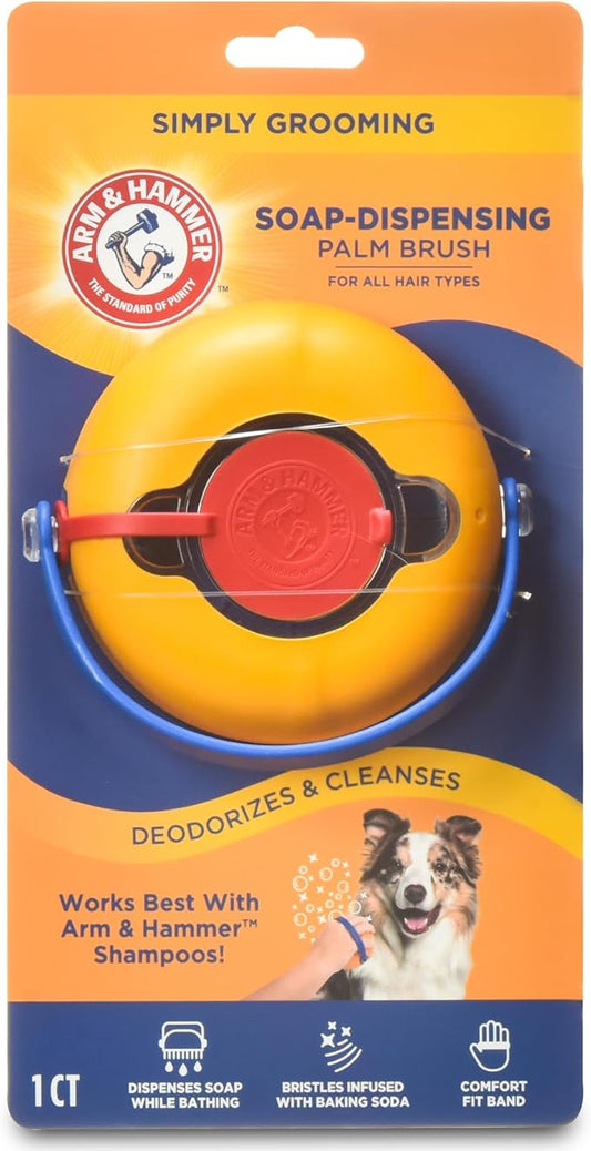 Arm & Hammer Simply Grooming Soap Dispensing Dog Bathing Palm Brush for All Hair Types, Pair with Your Favorite Shampoo, Easy Grip Scrubber for Dogs