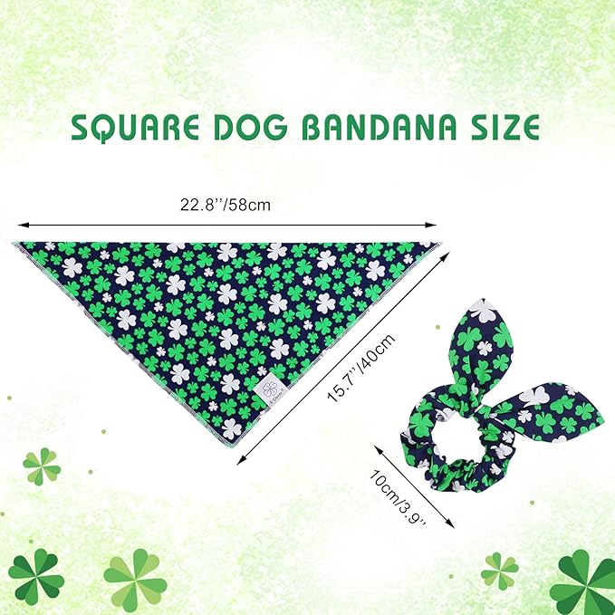 E-Clover Dog Bandana Boy & Matching Scrunchie Set Shamrock Lucky Dog Bandanas Scarf with Bow Hair Ties for Small Puppy Dogs Pet Owner Mom Green Blue