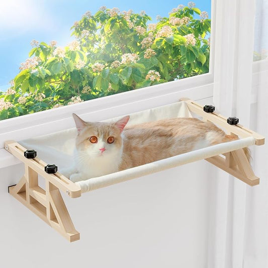 Tresbro 2-IN-1 Cat Window Perch & Elevated Cat Hammock, 26''L × 15.7''W × 10.2"H Wooden Frame Pet Bed for Large Indoor Cats, Easy Setup, Adjustable, No Drilling, Cats Seat for Window, Bedside, Ground