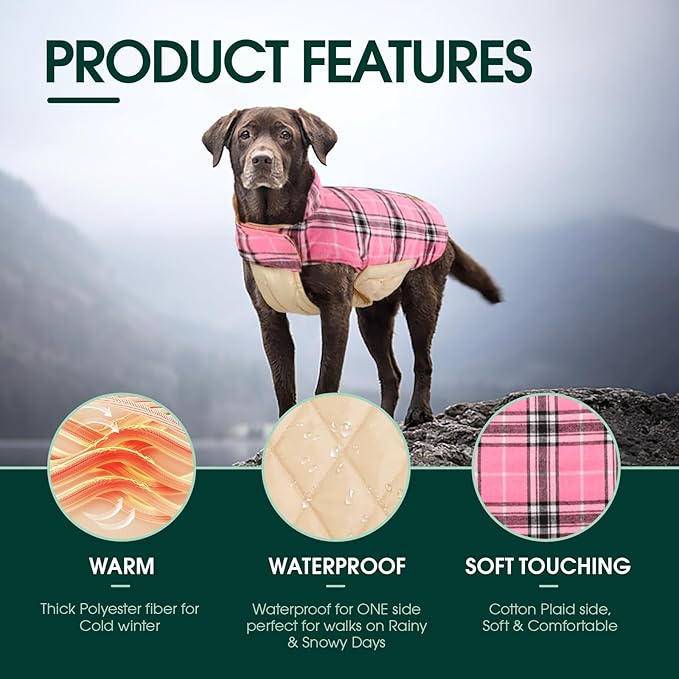 Kuoser Waterproof Dog Coat, Reversible Dog Jacket for Large Dogs, Adjustable Durable Doggie Winter Coat for Groowing Puppies Warm Puppy Cold Weather Apparel, Pink L
