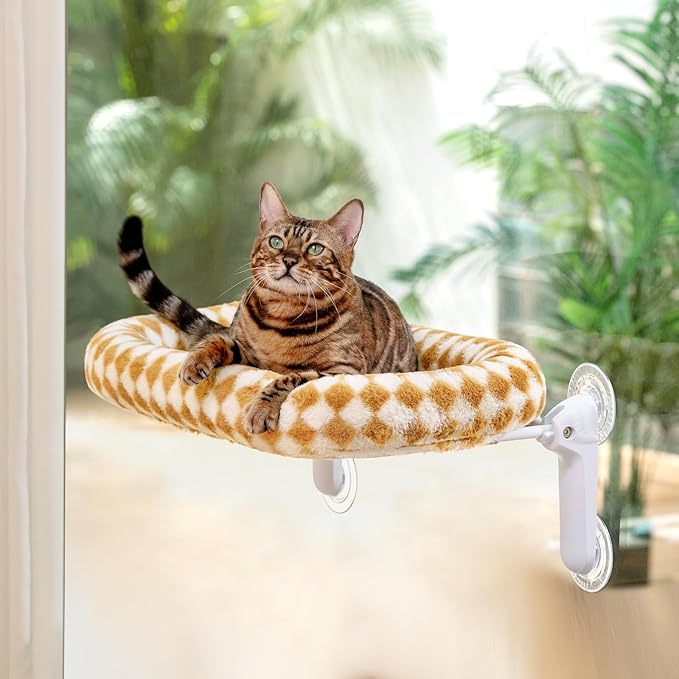 Sunhoo Cat Window Perch Bed Foldable Kitty Windowsill Hammock Shelf Seat Large Cats Suction Cup Indoor Kitten Window Sill Lounger with Soft Plush Cushion Machine Washable 21.26 * 11.8in (Brown, M)