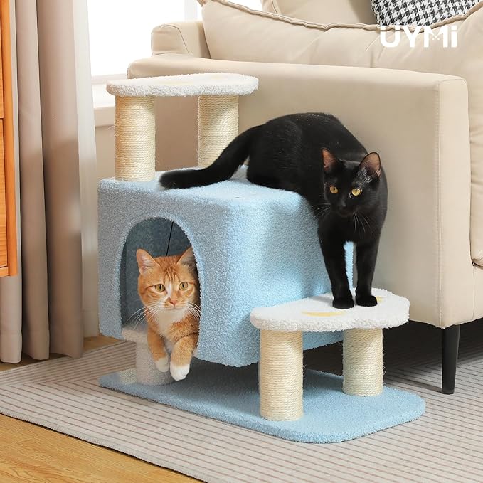 3-in-1 Cute Dog Stairs & Cat Scratching Post with Condo, Pet Steps for High Bed, Sofa, Couch, Tall Cat Tower, High-Strength Board for Indoor Small Cats Kittens Dogs Climbing Playing, 3 Steps-Blue