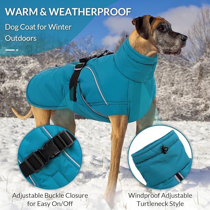 Queenmore Winter Dog Jacket, Waterproof Puffy Snowsuit, Adjustable Reflective Fleece Lining Warm Padding Parka for Cold Weather, Blue Large