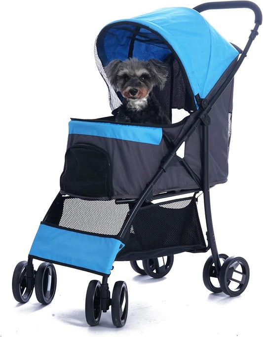 4 Wheels Pet Stroller,Easy-Foldable Dog Cat Cage Jogger Stroller with Weather Cover for All-Season,Storage Basket and Visible Mesh for Small/Medium Pets up to 33lbs (Blue)
