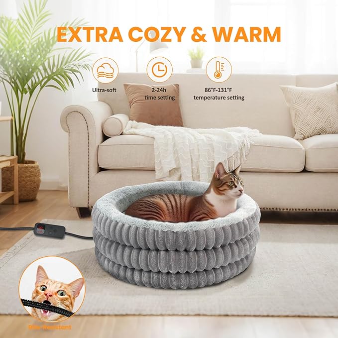 Heated Cat Bed Indoor, 20" Round Donut Deep Sleep Calming Heated Pet Beds for Cats and Small Dogs, Comfort Electric Thermal Cat Warming Bed with Adjustable Heating Pad, Washable and Indoor Use