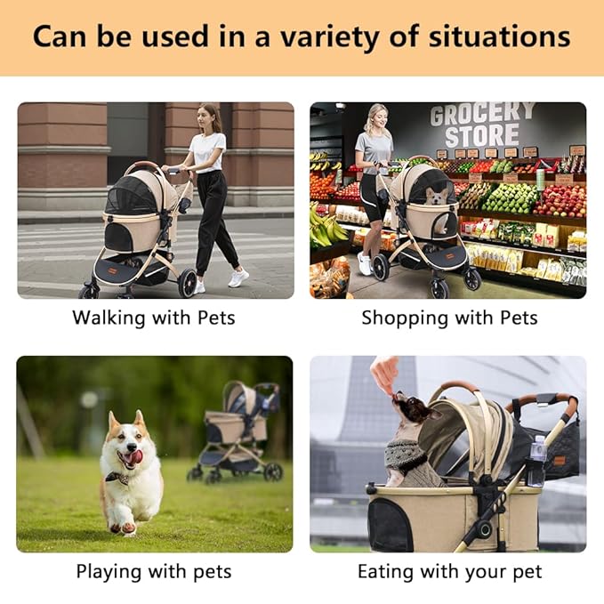 Pettingzoo Dog stroller with 4 Wheels, Folding Cat Stroller for Small/Medium/Large dogs & cats to 60 lbs, pet stroller with removable carrier, Storage BasketCup Holder,3 in1 Multifunctional Detachable