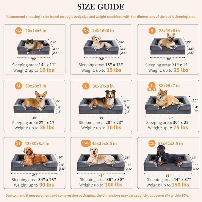 Comfort Expression Orthopedic Dog Bed for Extra Large Dogs 45x35 Inch, Waterproof Egg Crate Foam XL Pet Bed with Removable Bolsters, Dog Couch with Washable Cover & Non-Slip Bottom, Dark Grey