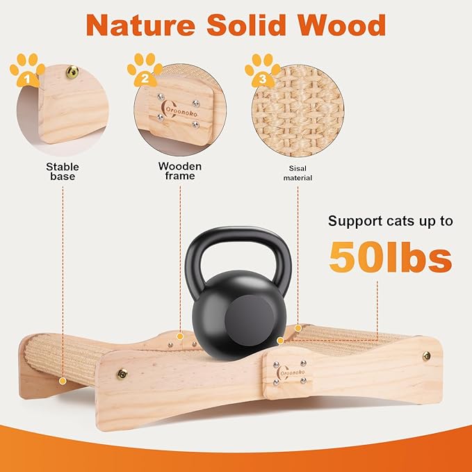 Oroonoko Cat Scratcher Bed for Indoor 2-in-1 Sisal Scratching Post & Hammock with Easy Assembly, Non-Tip Wood Base, Large Cat Bed & Scratch Pad （Wave Type）