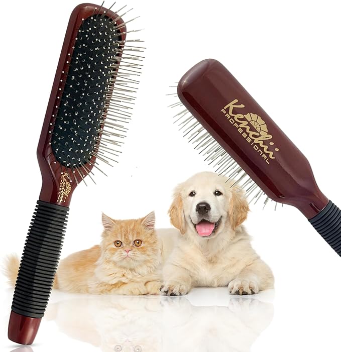 Kenchii Pet Grooming Metal Pin Brush | Solid Wood, Non-Slip Grip Detangling and Shedding Tool for Long or Short Haired Pets - Large Oblong Size