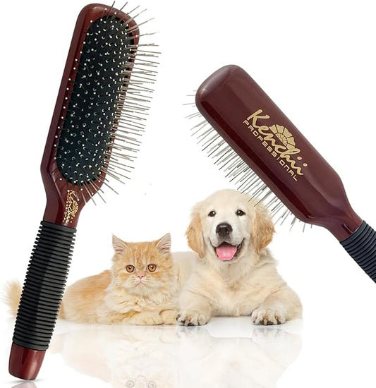 Kenchii Pet Grooming Metal Pin Brush | Solid Wood, Non-Slip Grip Detangling and Shedding Tool for Long or Short Haired Pets - Large Oblong Size