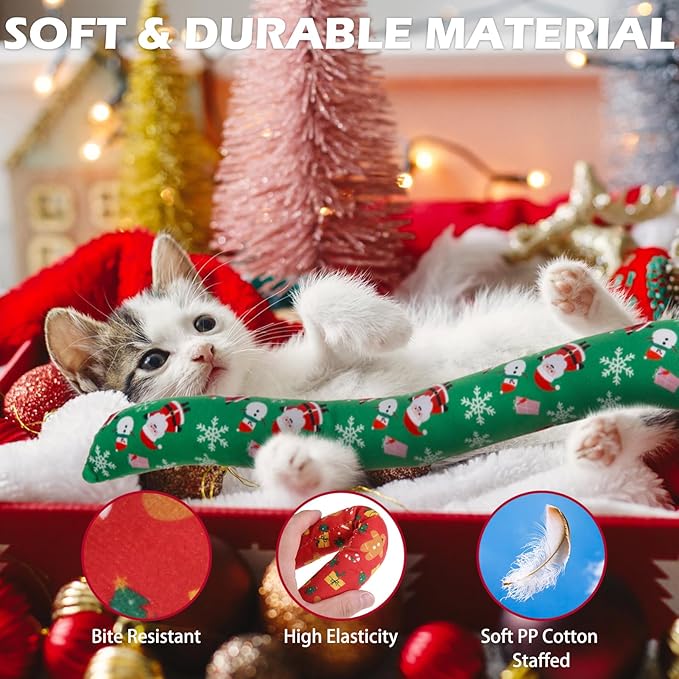 EXPAWLORER Christmas Cat Toys, 4pcs Xmas Soft Pillow Catnip Toys with Bells Inside, Interactive Bite Resistant Fish Shape Kicker Toys for Indoor Kitten Playing