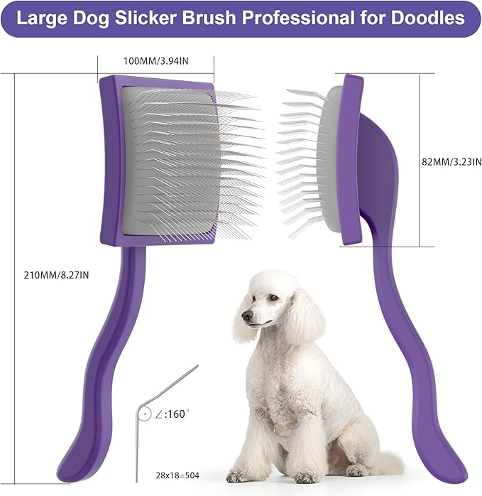 Slicker Brush for Long Haired Dog, Long Bristle Dog Brush, Professional Grooming Tool for Poodle, Goldendoodles, Labradoodles, Easy to Remove Loose Fur, Tangles, Mats, Fluff, Purple