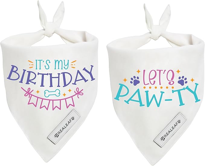 Realeaf Birthday Dog Bandanas 2 Pack (White, Small)