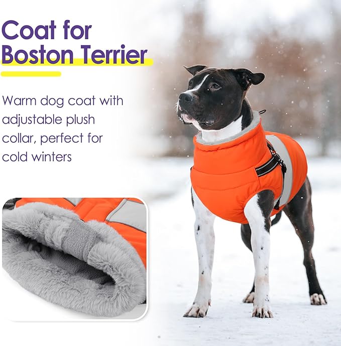 SUNFURA Dog Coat, XXL Dog Jacket Winter with Harness Built in, Waterproof Pet Snow Jacket with Furry Collar for Chilly Day, Reflective Fleece Snowsuit for Extra Large Dogs, Orange 2XL