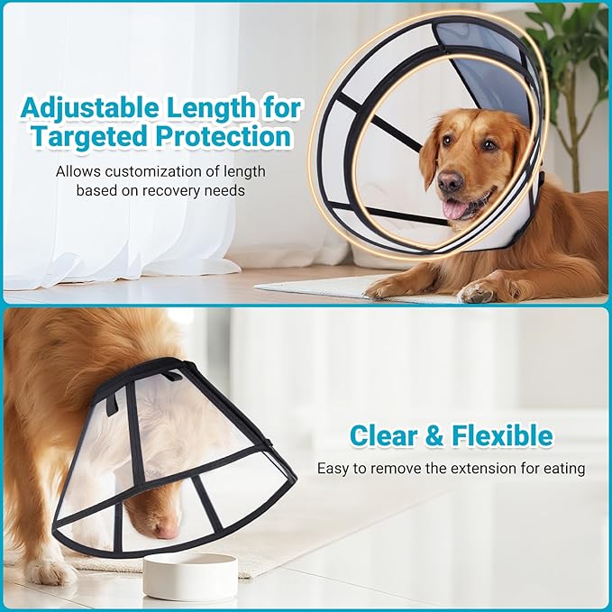Dog Cone, Transparent Recovery Collar for Large Medium Small Pets, Adjustable Length, Soft Cone for Dogs to Stop Licking, Padded Elizabethan Collar with Elastic Loops After Surgery Patented