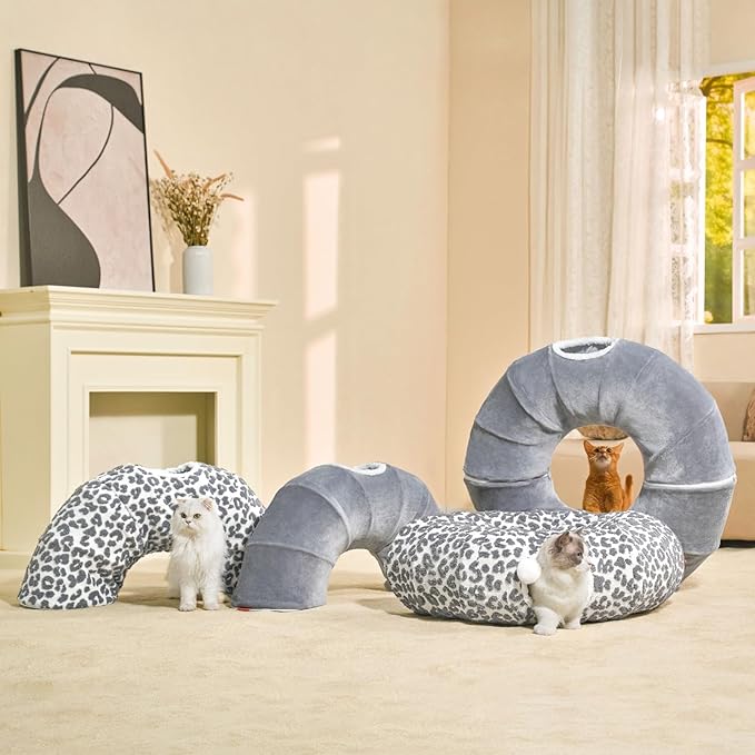 Cat Tunnel Bed 35.5 Inch XL Cat Donut Tunnels for Indoor Cats Cute Tubes Round Pet Play Tunnel Toy for Kitten Puppy Rabbit with Washable Circle Cushion Grey