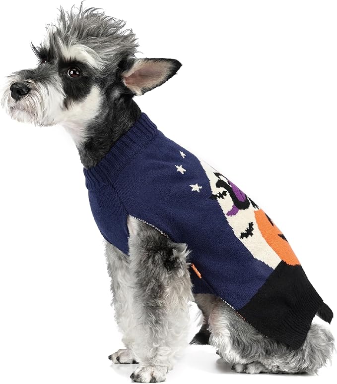 FOFOS Halloween Dog Sweater Pumpkin, Acrylic Knit Dog Pullover Lightweight Dogs Halloween Clothes for Small Medium Puppies, Navy Blue, S